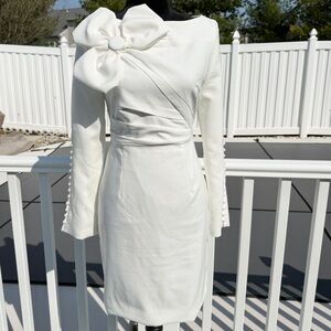 Fehaute White Long Sleeve Sheath Midi Dress with Bow Detail Size 4